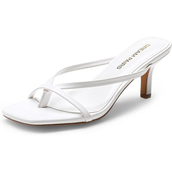 Dream Pairs Women White Faux Leather Open Square Toe Thong Heeled Sandals - Picture 1 of 7